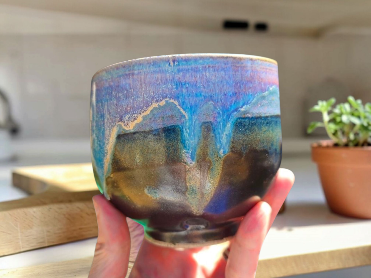 Yunomi teacup by Lin Kensington Bold drip Glazes, Gas Fired Stoneware